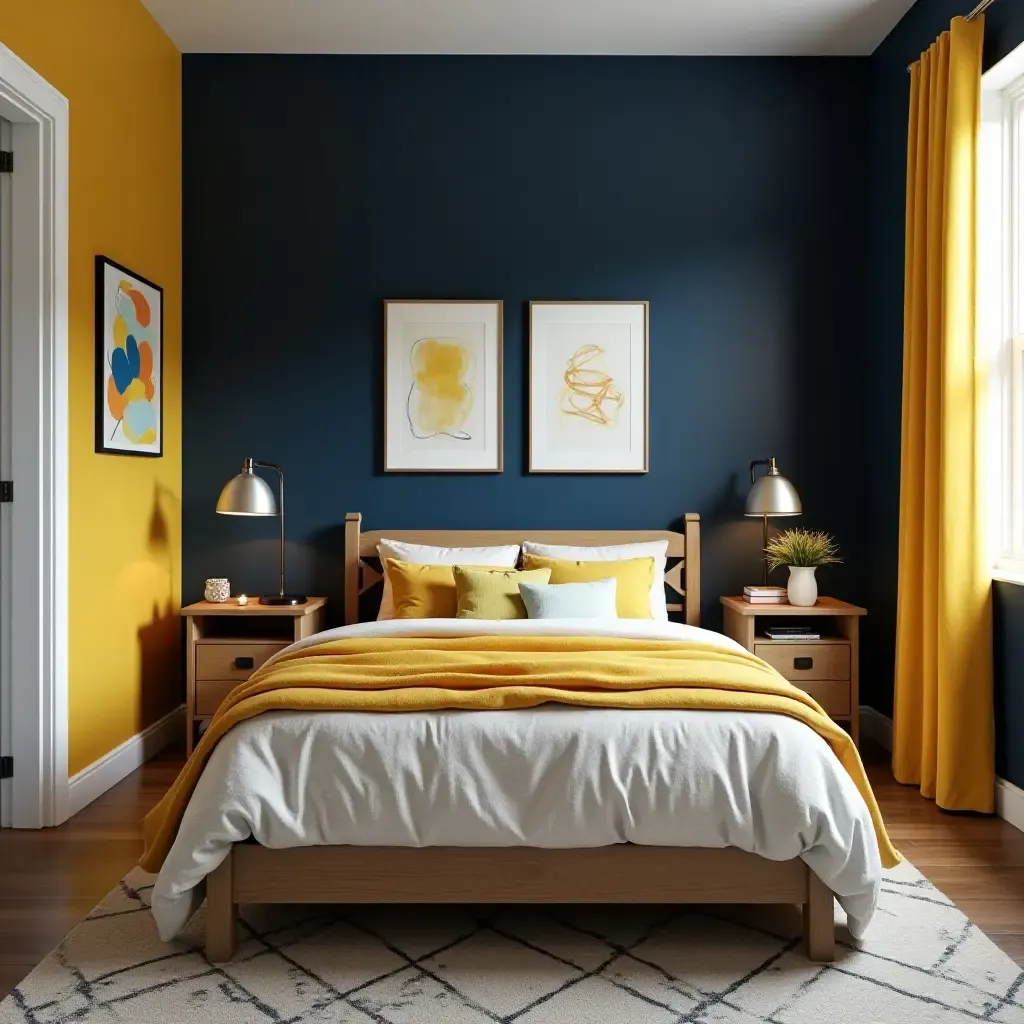 a photo of a bold navy and mustard yellow teen bedroom