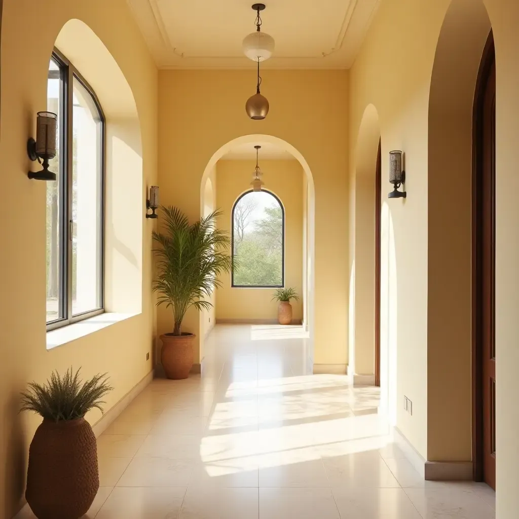 a photo of a bright corridor with a Mediterranean color scheme and decorative accents