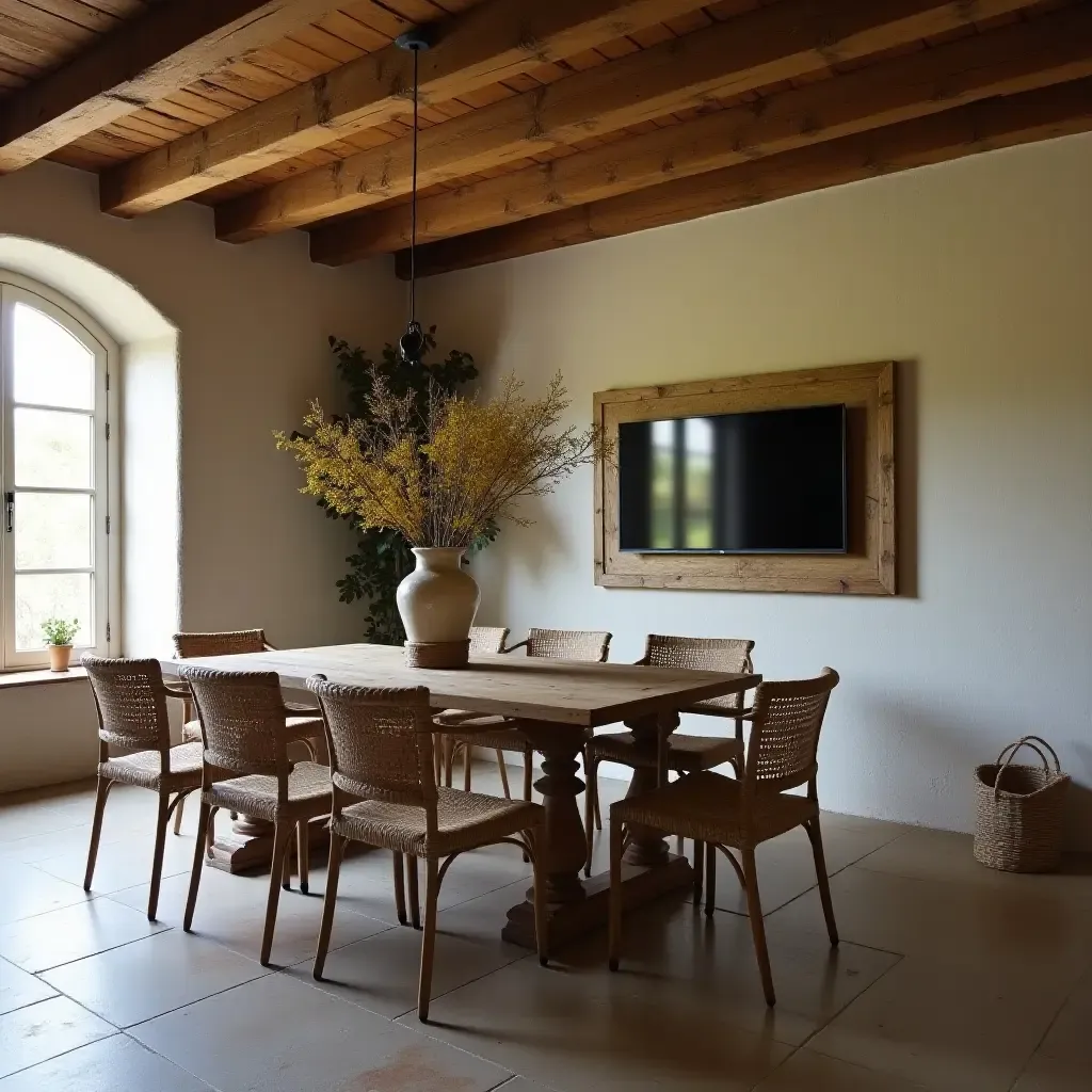 a photo of a rustic dining room with a TV cleverly disguised as a mirror