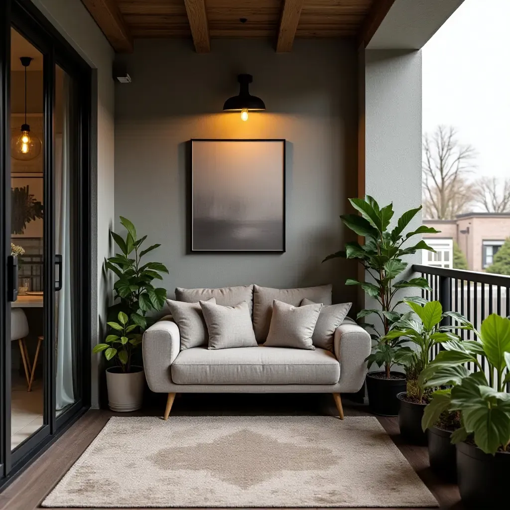 a photo of a balcony featuring a cozy nook with industrial charm