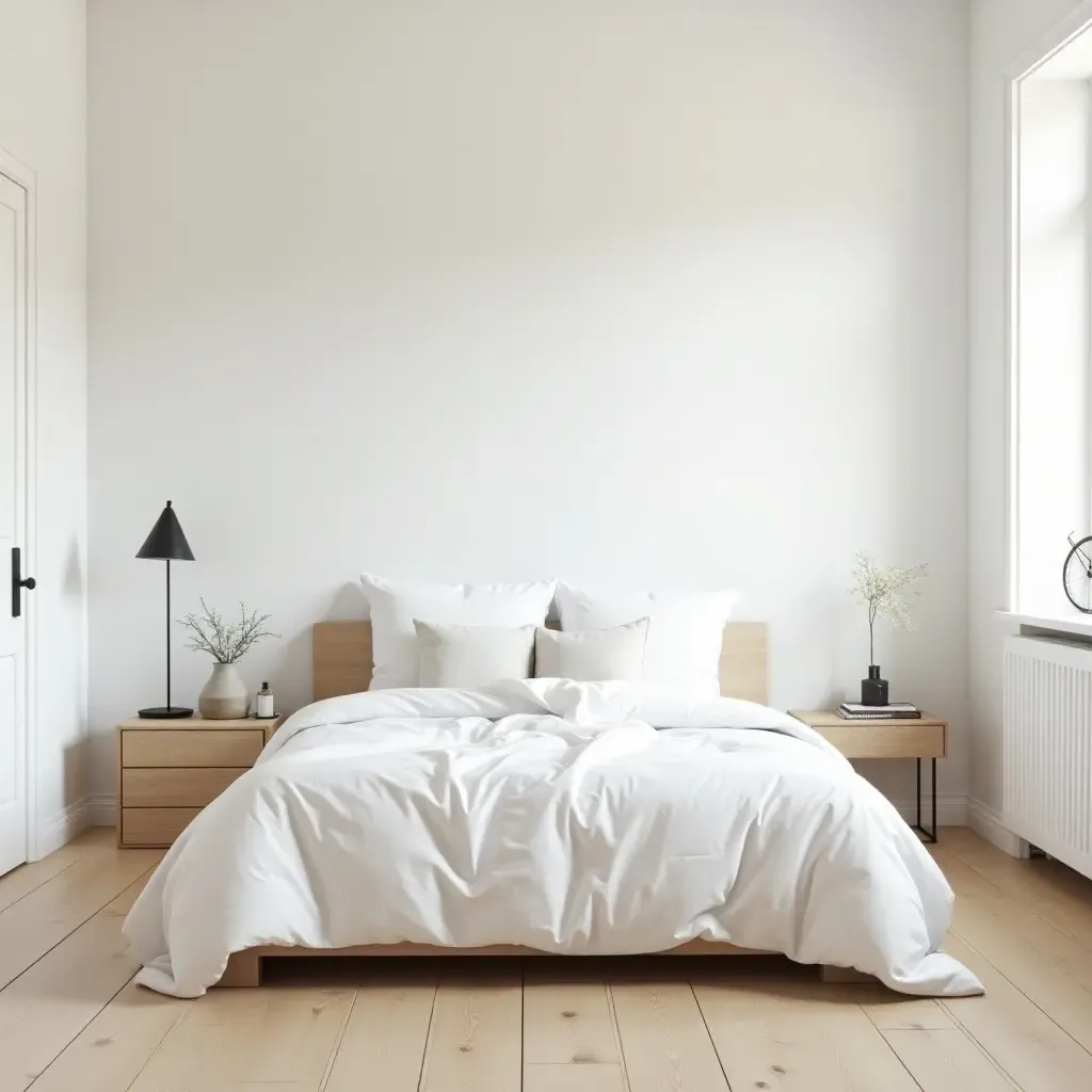 a photo of a stylish Scandinavian bedroom with light wood floors and white walls