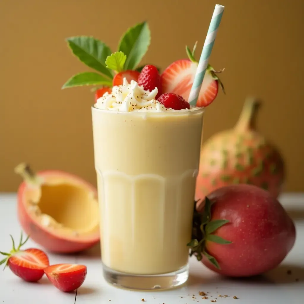 a photo of a creamy Thai soursop smoothie topped with fresh fruit.