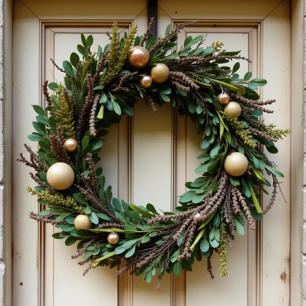 a photo of a whimsical door wreath made from natural materials