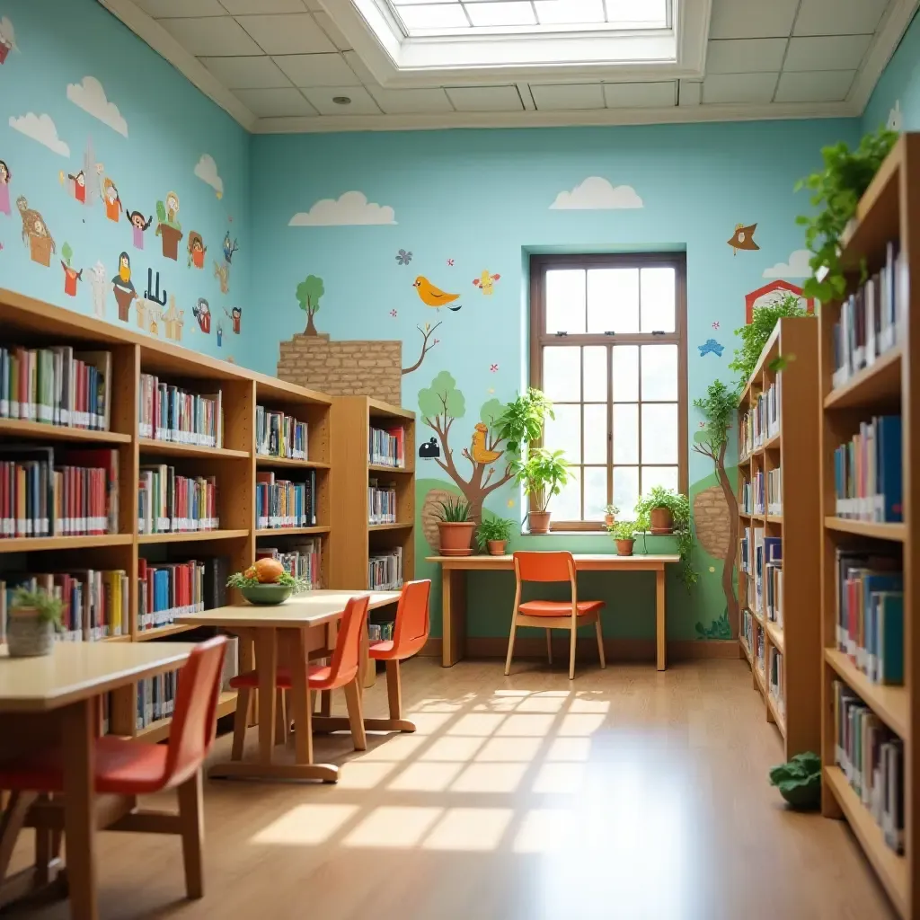 a photo of a library featuring a whimsical book-themed mural