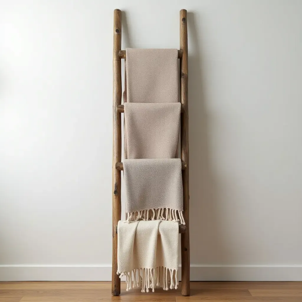 a photo of a decorative ladder displaying blankets and throws