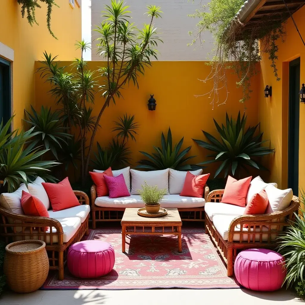 a photo of a vibrant outdoor lounge with colorful accents and decor