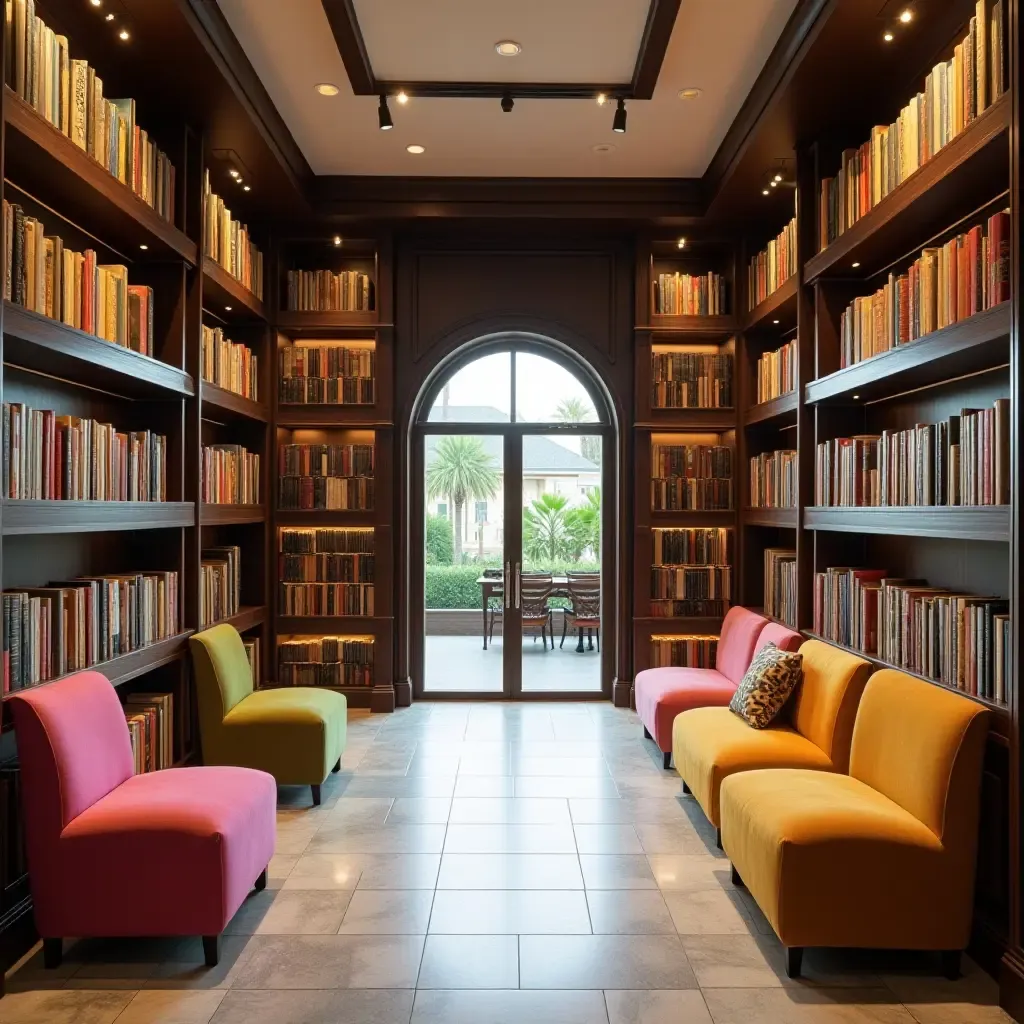 a photo of an entrance hall decorated with oversized books and colorful seating