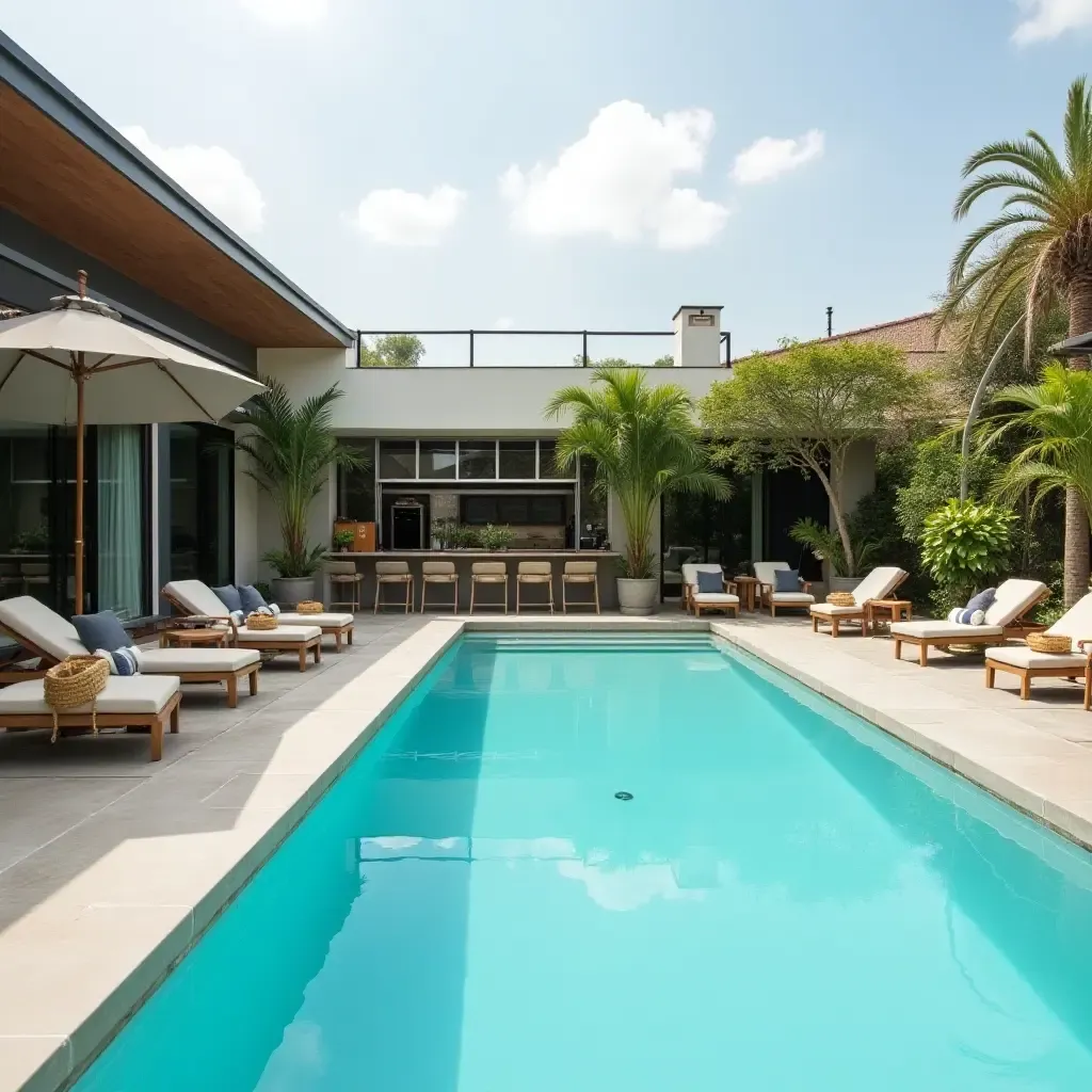 a photo of an organized pool area with stylish decor elements