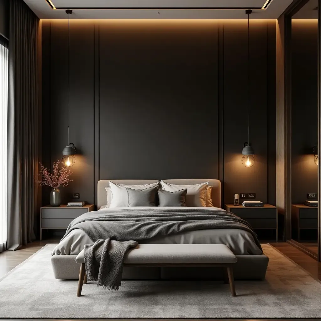 a photo of a master bedroom with a dark accent wall and cozy seating area