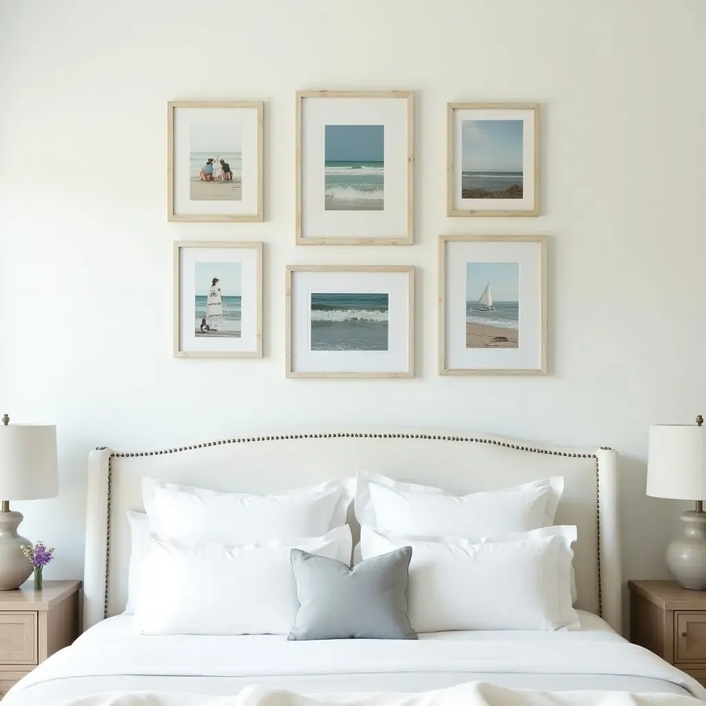 a photo of a beach-themed gallery wall with ocean prints and seashell decor in a relaxed teen bedroom