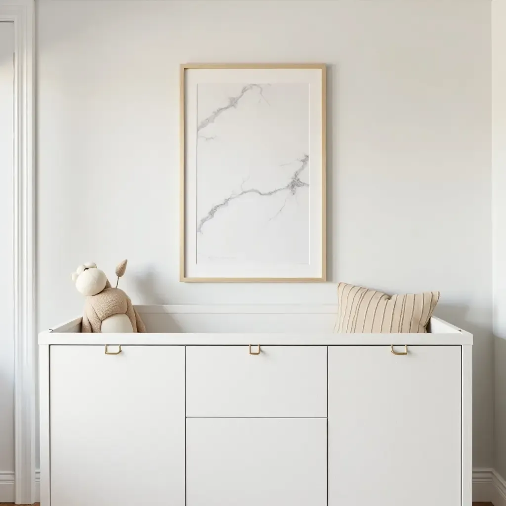 a photo of a chic nursery showcasing marble accents and modern artwork