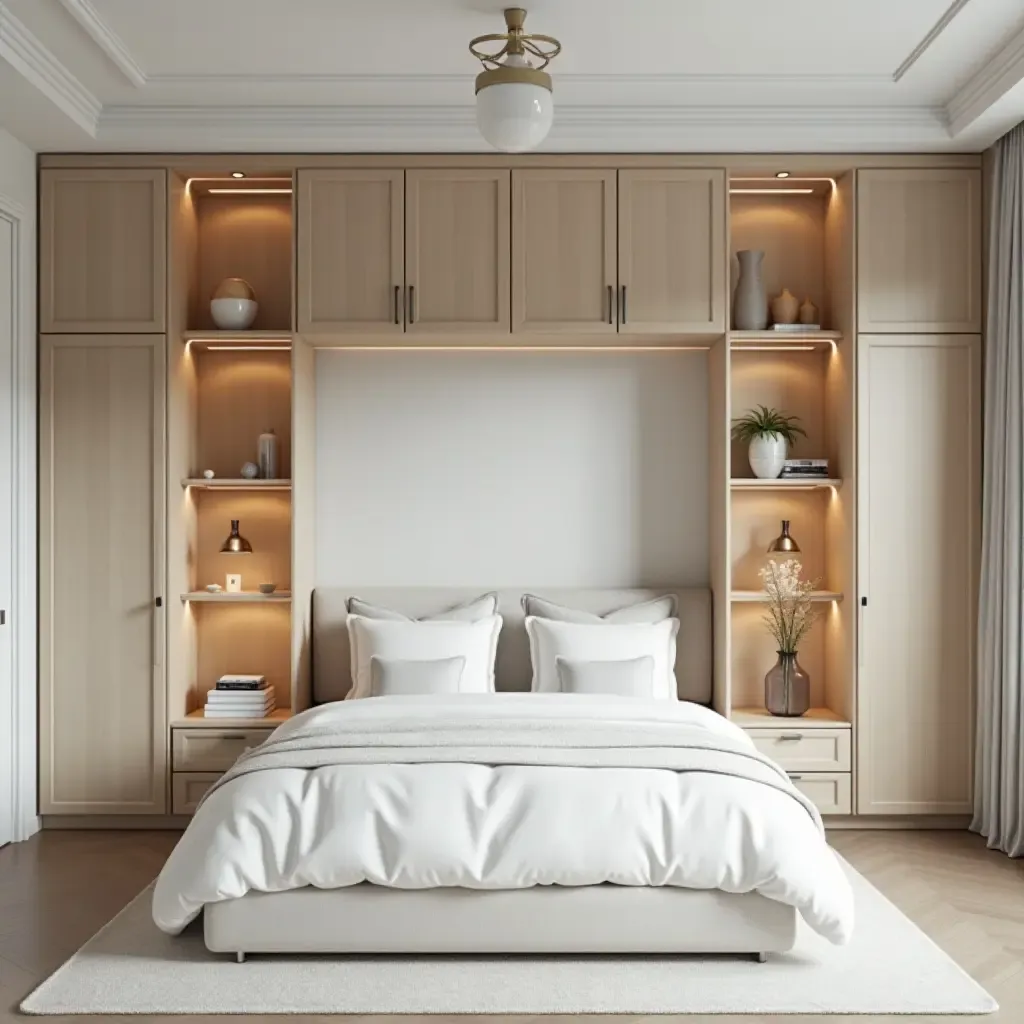 a photo of a bedroom featuring modular storage cubes for versatility