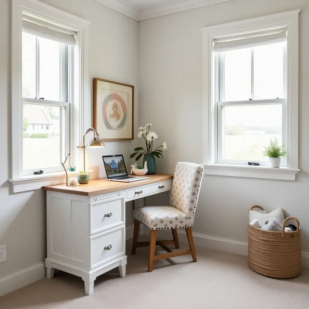 a photo of a stylish desk area in a farmhouse-themed teen bedroom