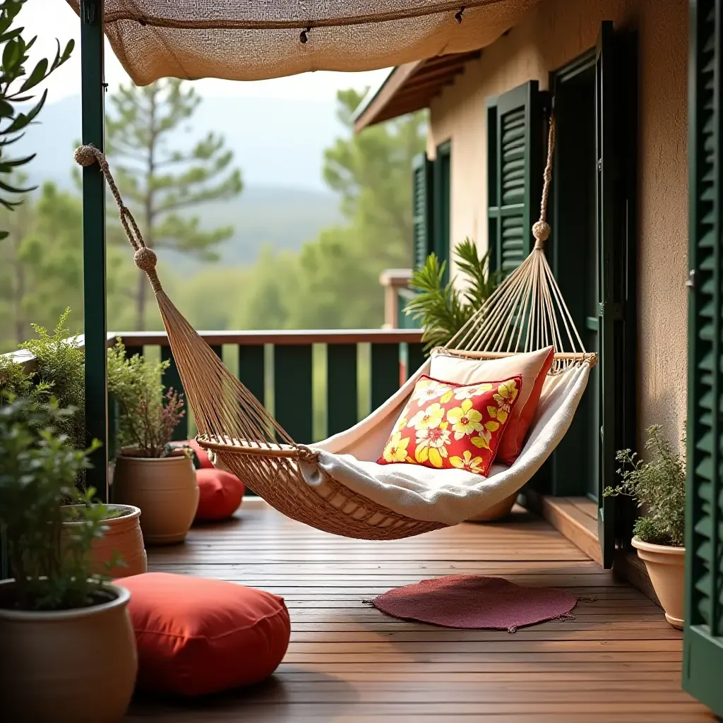 a photo of a cozy balcony with a hammock and vibrant cushions