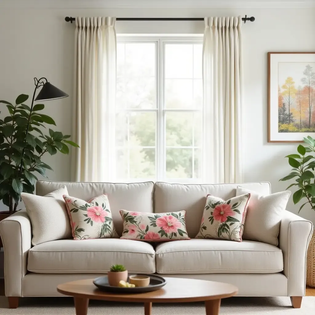 a photo of a welcoming living room with floral throw pillows on a comfy sofa