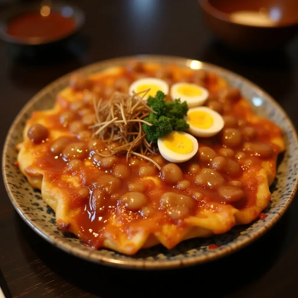 a photo of a sizzling plate of okonomiyaki with savory toppings and a drizzle of sauce.