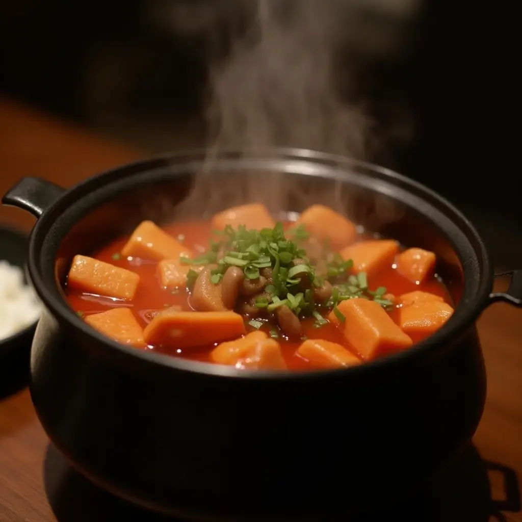 a photo of steaming hot kimchi jjigae with tofu and mushrooms in a clay pot