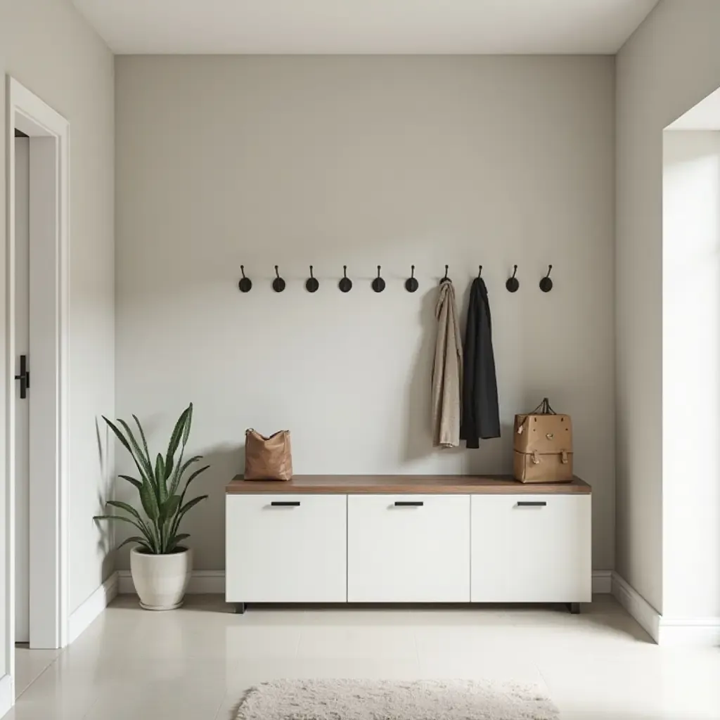 a photo of a spacious entrance hall with a minimalist shoe cabinet and wall hooks