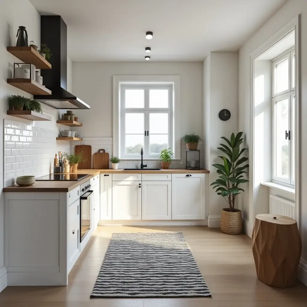 a photo of a chic kitchen featuring a monochrome rug