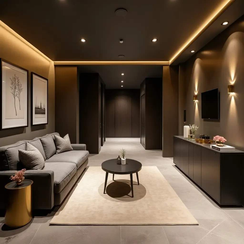 a photo of a modern basement showcasing metallic accents in decor