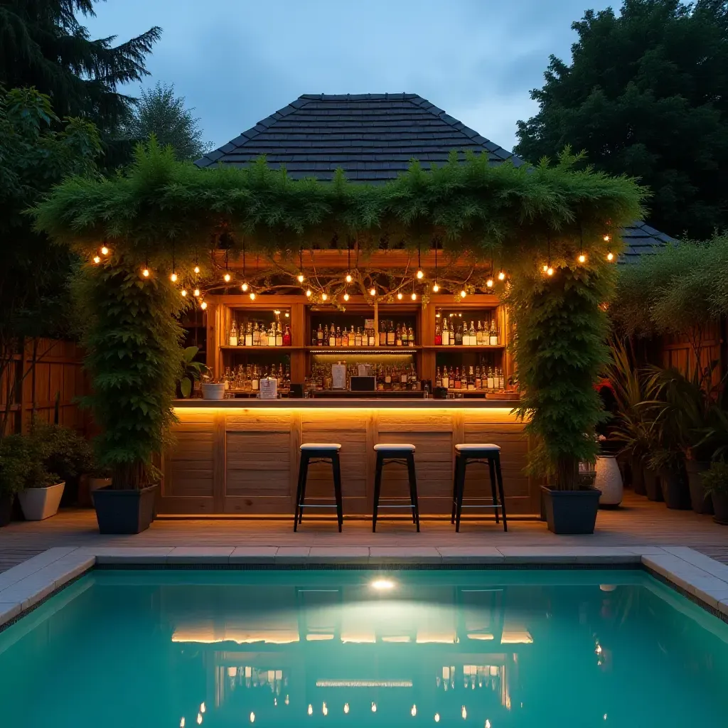 a photo of a charming garden bar with fairy lights and greenery by the pool