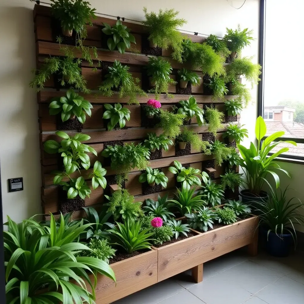 a photo of a balcony garden wall made of recycled wood and plants