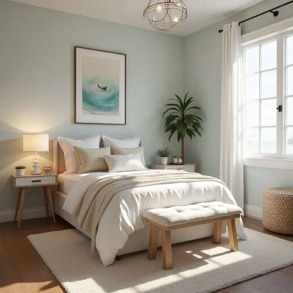 a photo of a beach-themed teen room with metallic accents in decor and accessories