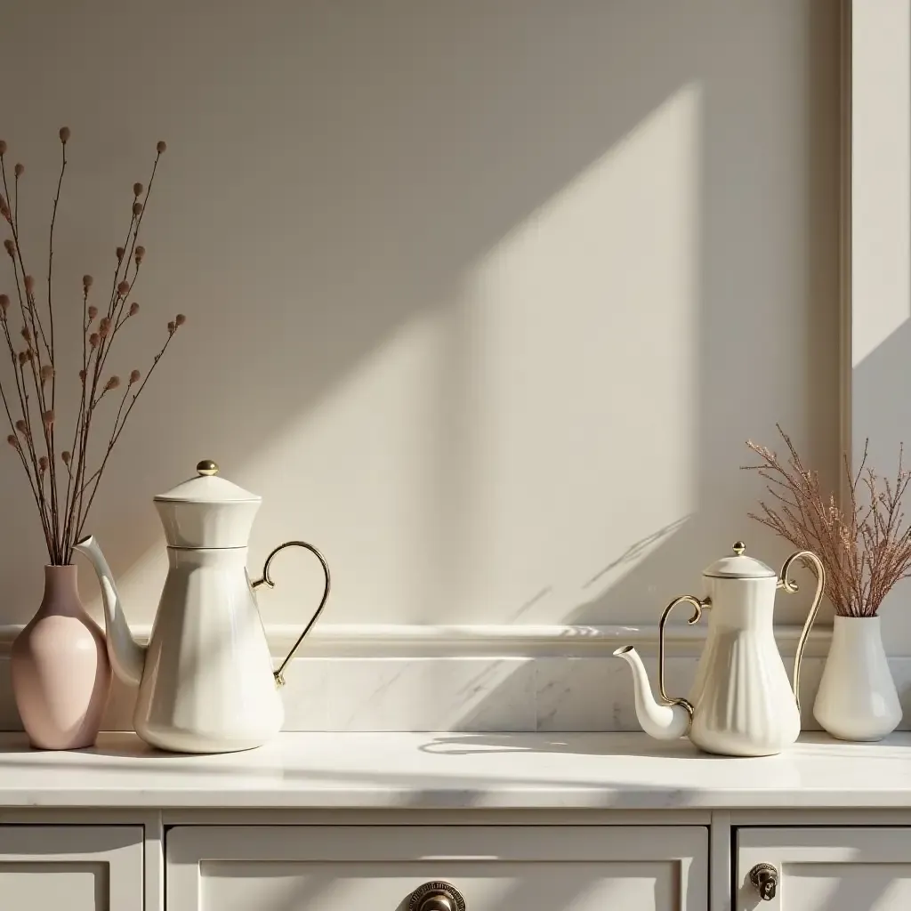 a photo of a countertop featuring a chic tea station with elegant teapots