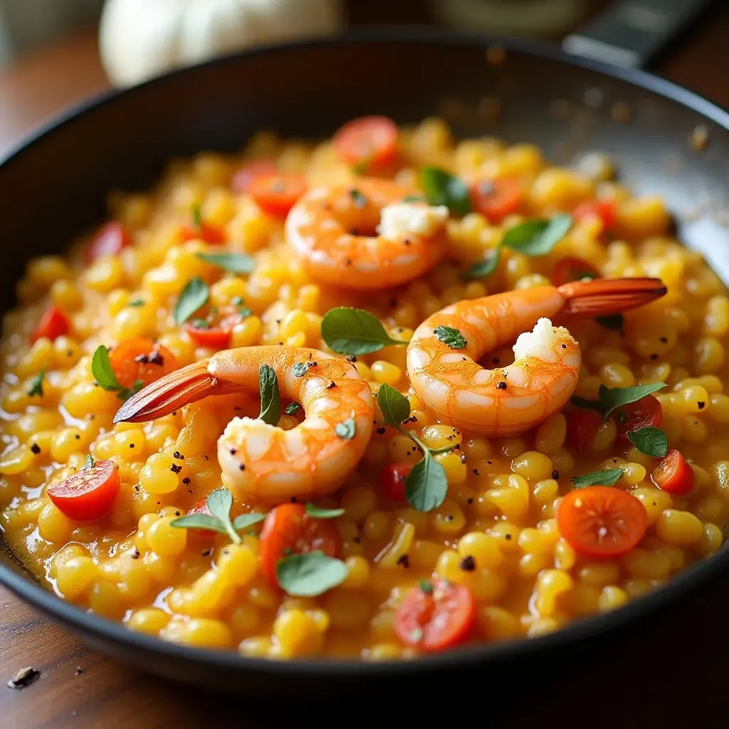 a photo of paella with coconut milk and shrimp, fusion cuisine style.