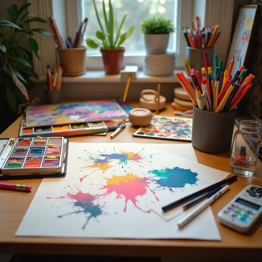 a photo of a creative art desk with vibrant colors and art supplies