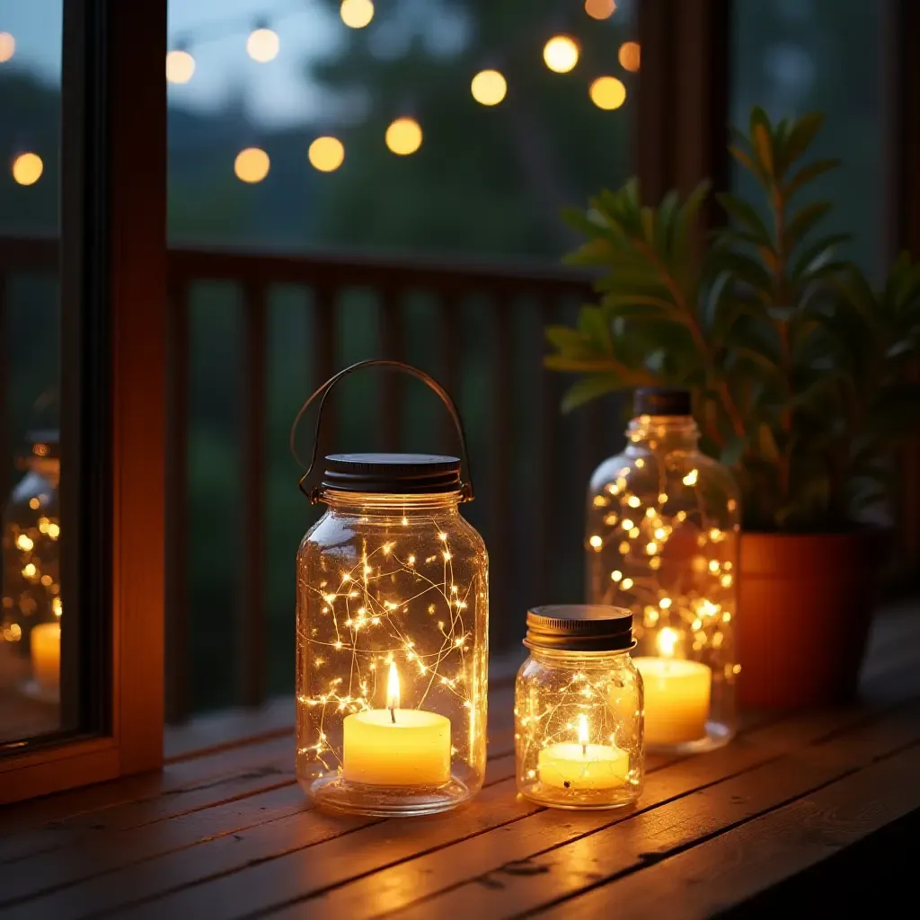 a photo of a balcony with DIY lanterns made from glass jars