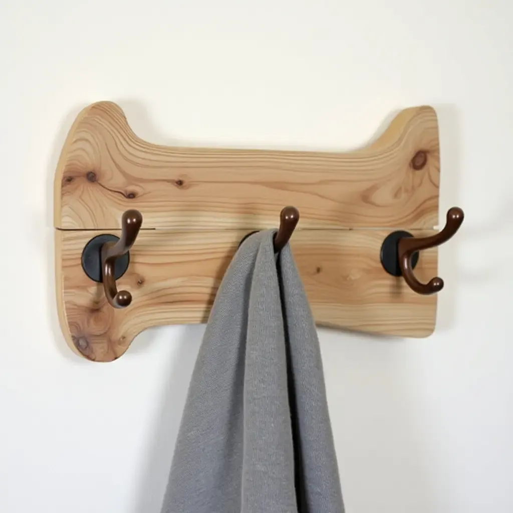 a photo of a charming wall-mounted coat rack made from reclaimed wood