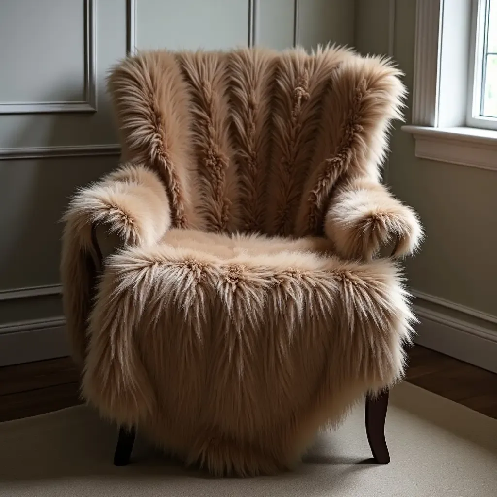 a photo of a luxurious faux fur throw draped over a chair