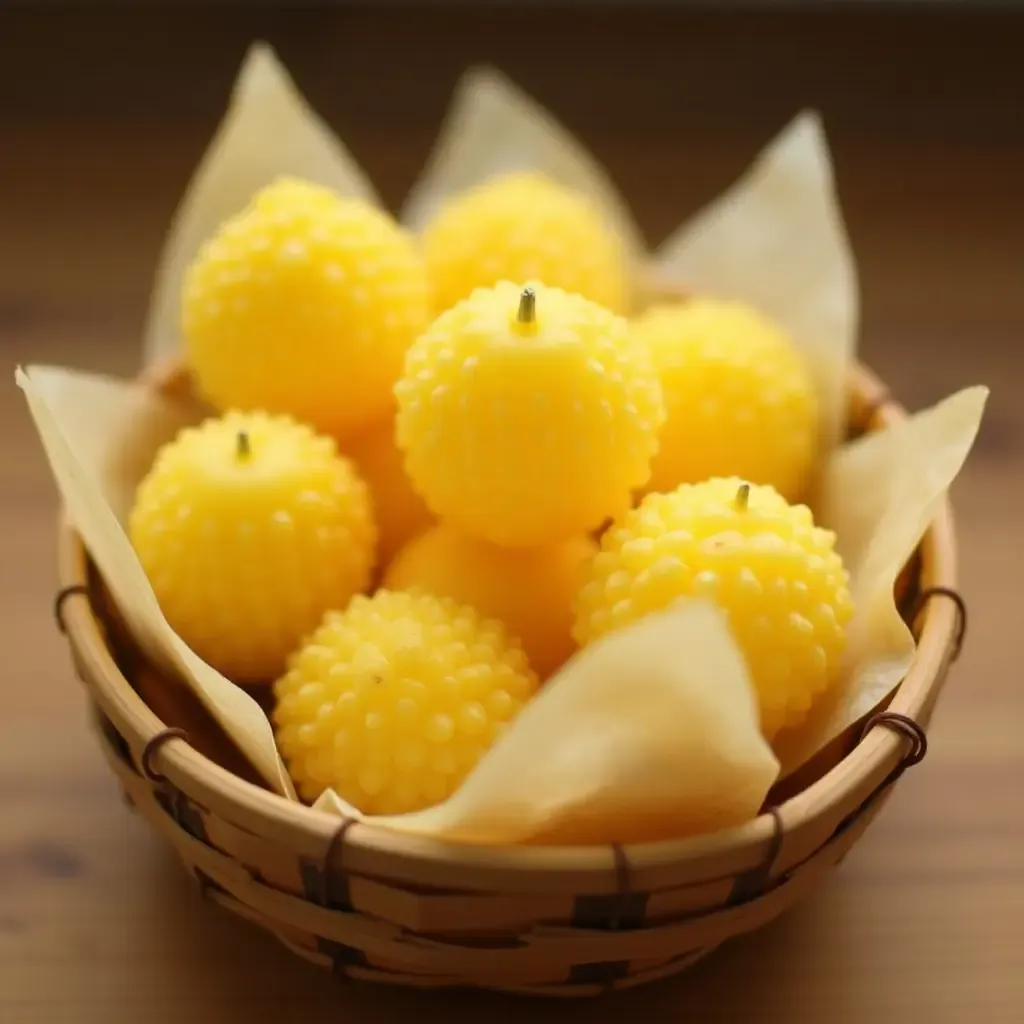 a photo of mut sau rieng, durian candy wrapped in edible rice paper, arranged in a bamboo basket.