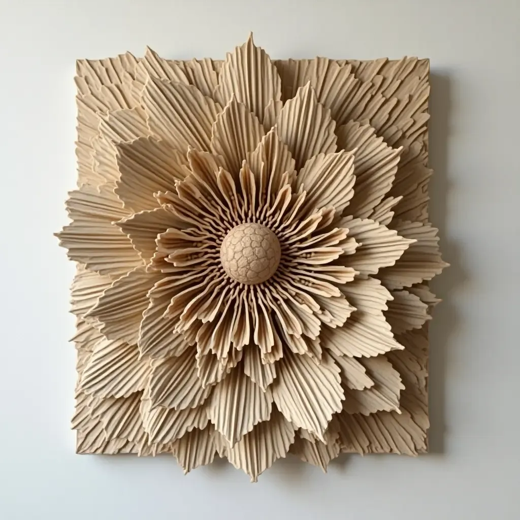 a photo of a 3D wall art installation made of natural materials