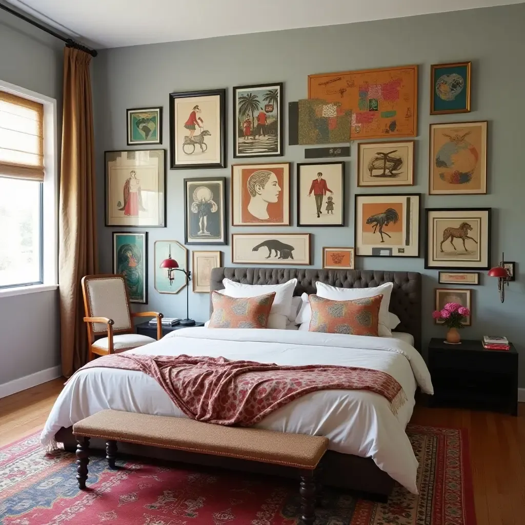 a photo of a colorful eclectic bedroom with a gallery wall of global art