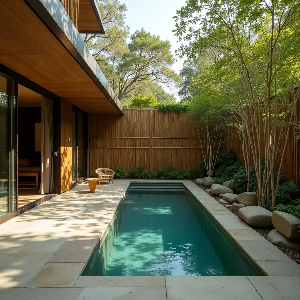 a photo of a tranquil poolside retreat with bamboo and natural stones