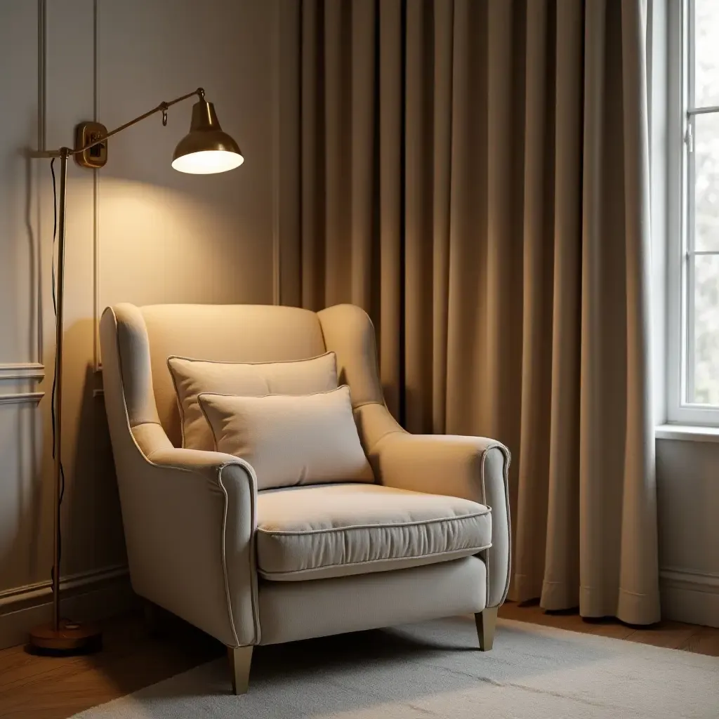 a photo of a bedroom corner with a plush armchair and a reading lamp