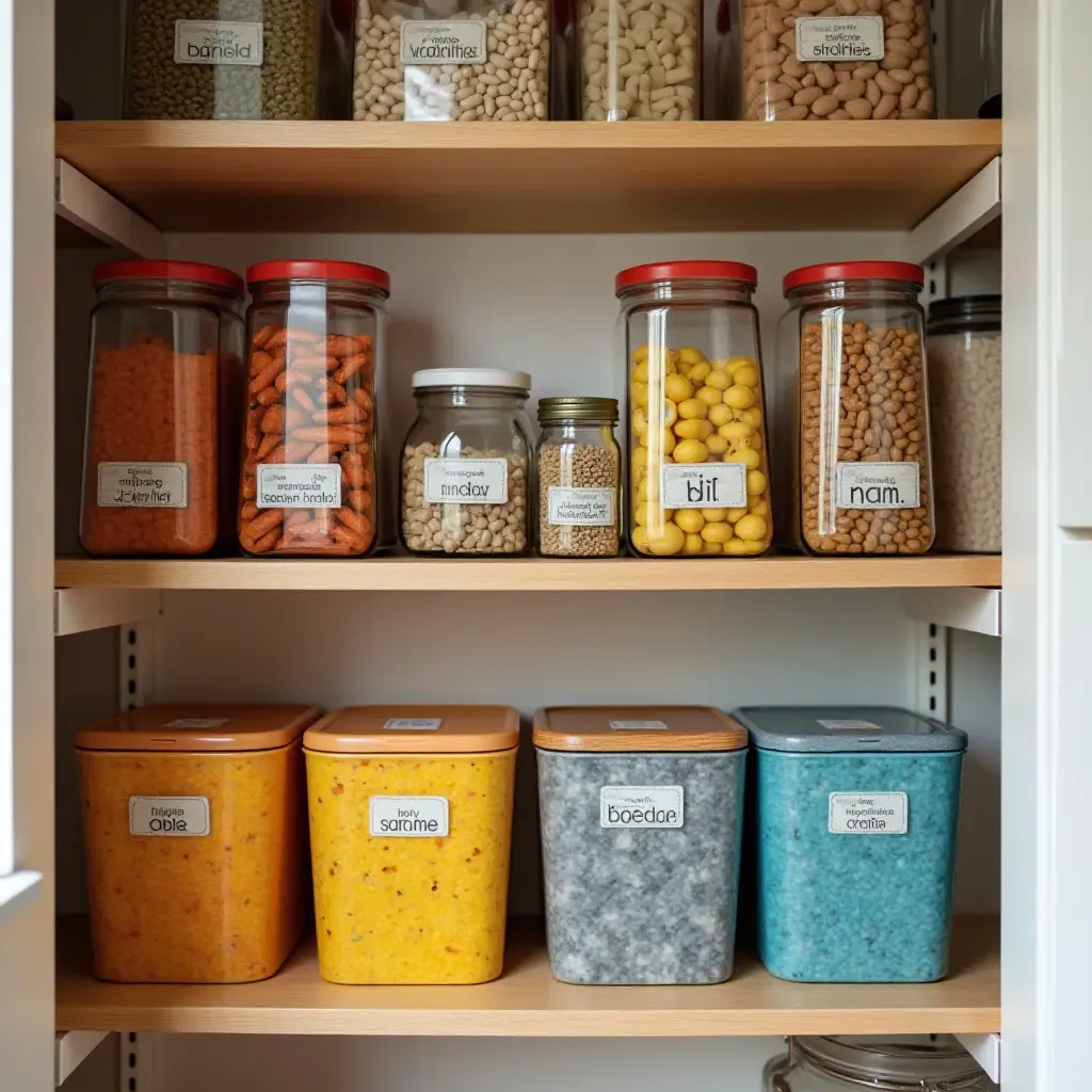 a photo of a colorful pantry with coordinated containers and vibrant labels