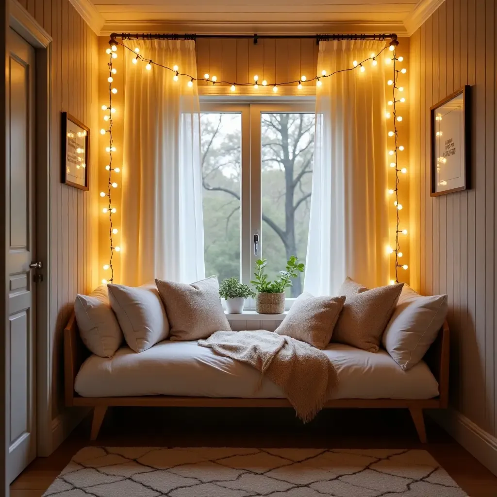 a photo of a bedroom nook featuring a cozy daybed and fairy lights