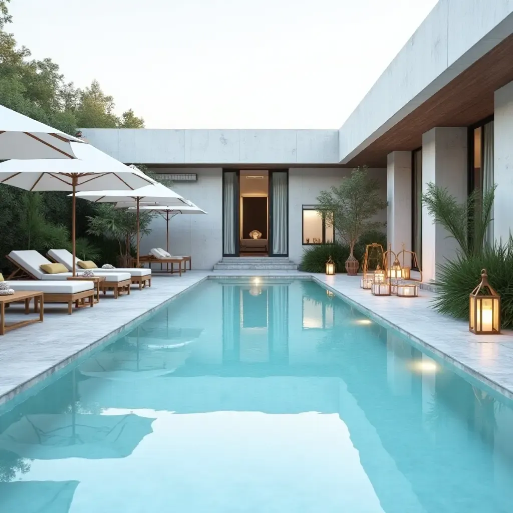 a photo of a modern pool area featuring marble tiles, chic umbrellas, and decorative lanterns