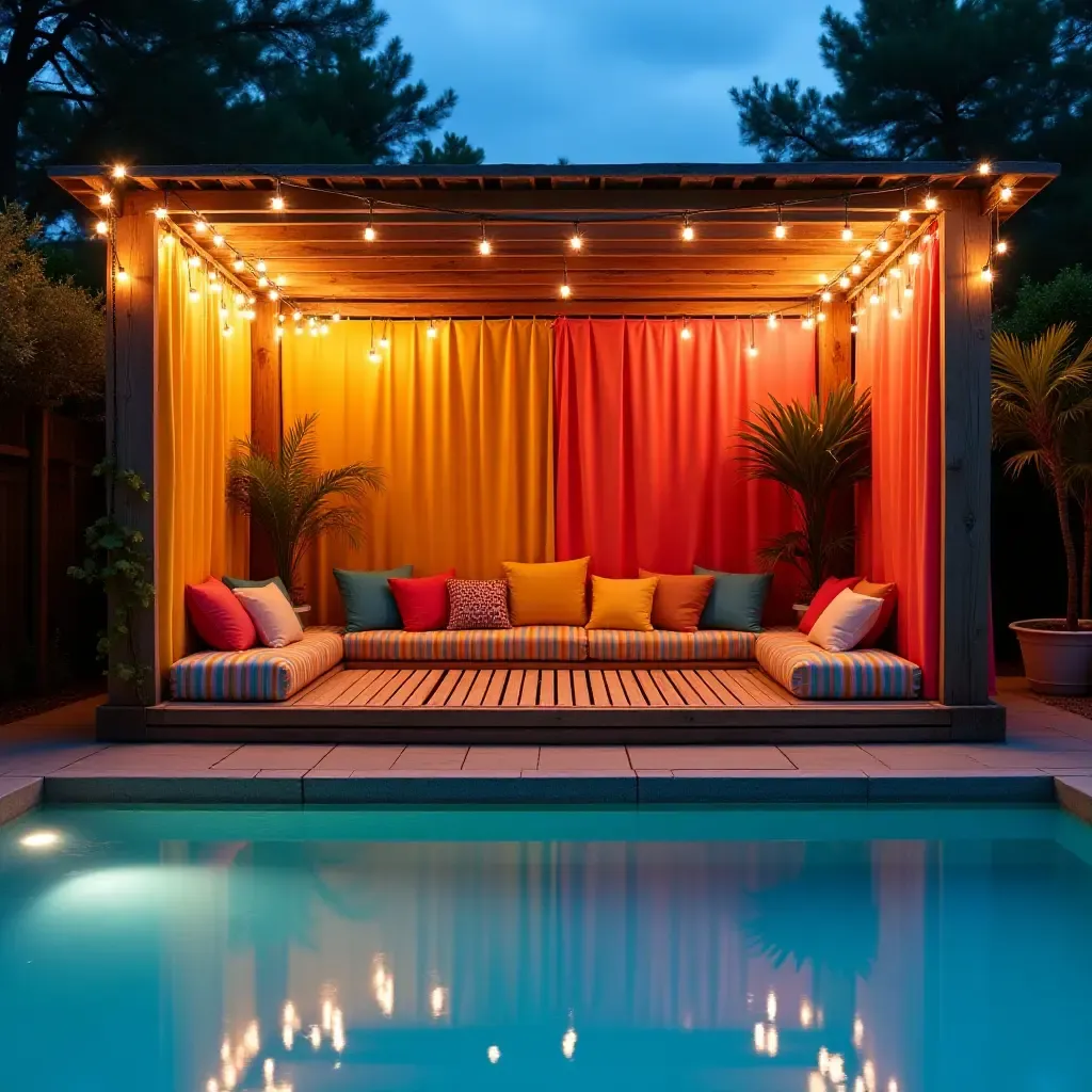 a photo of a vibrant poolside cabana with colorful cushions and fairy lights