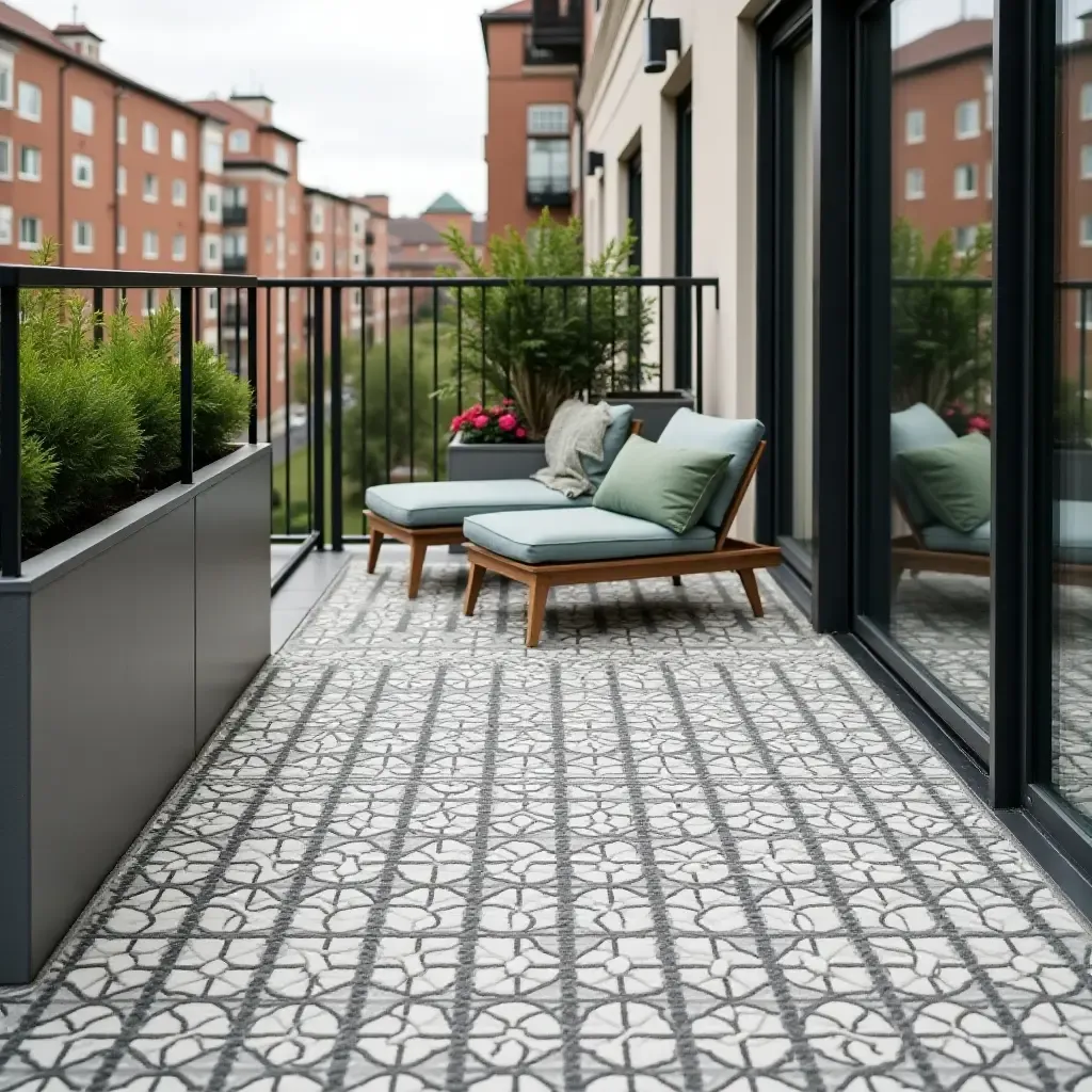 a photo of a patterned outdoor rug that mimics tile on an urban balcony