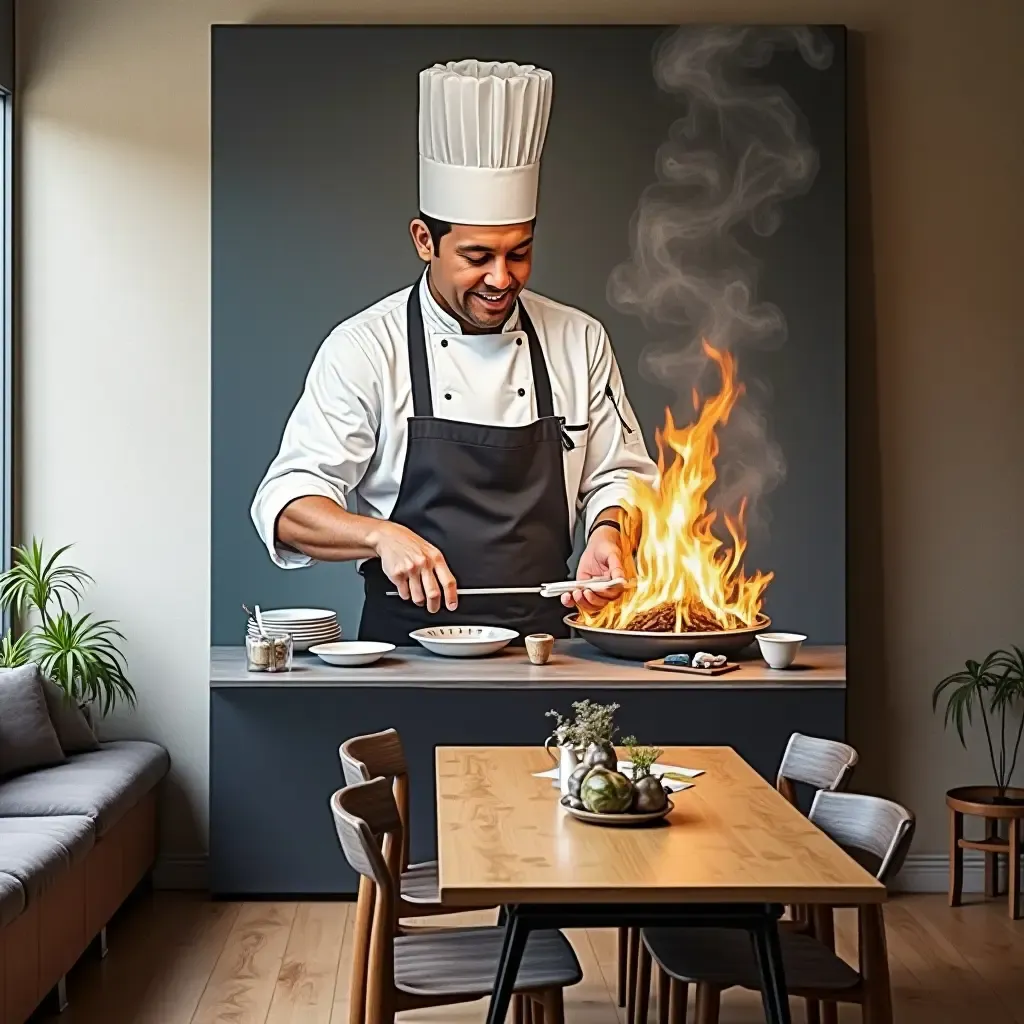 a photo of a large canvas painting of a chef in action