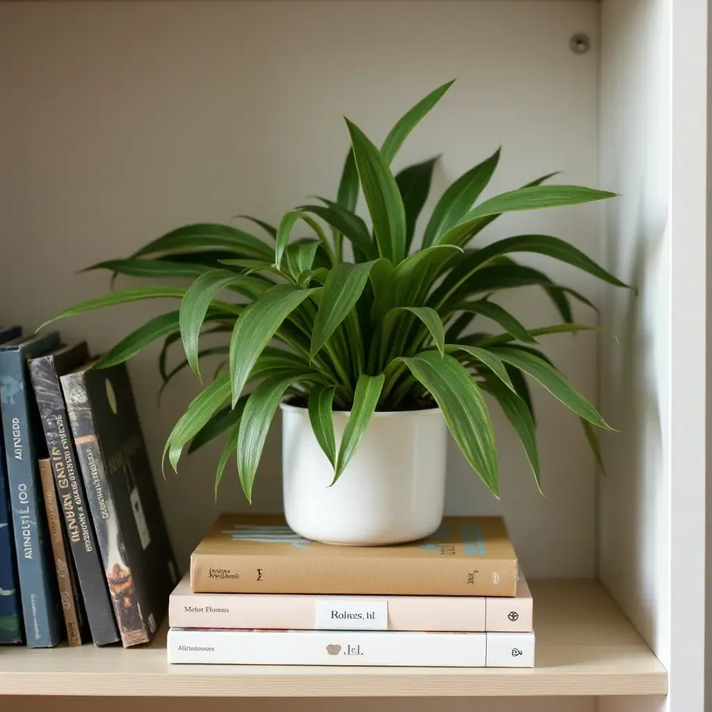 a photo of a creative plant arrangement on a bookshelf