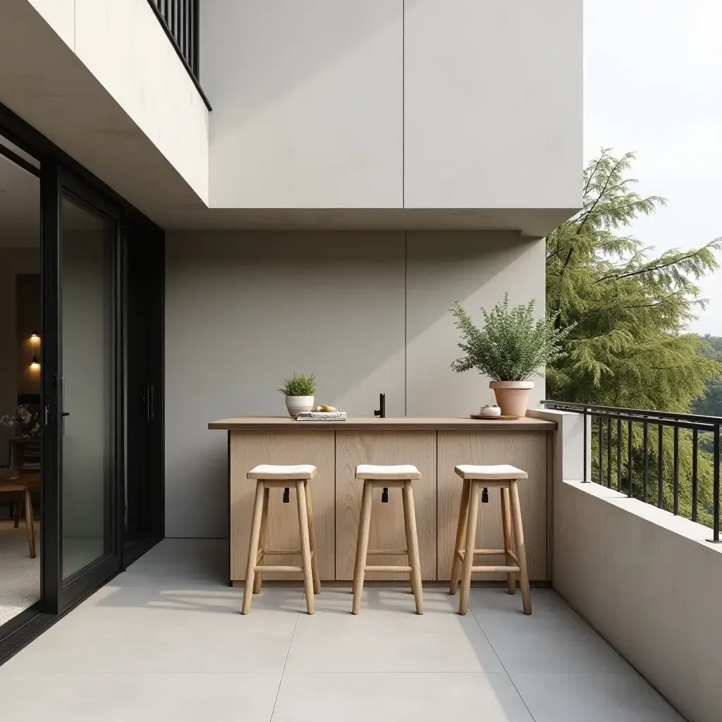 a photo of a minimalist balcony with a small outdoor bar and stools