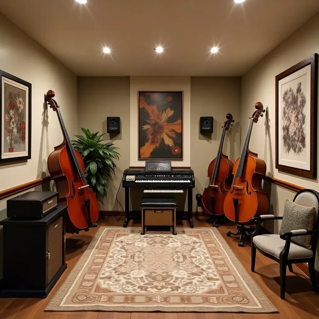 a photo of a basement music room with rustic farmhouse decor and instruments