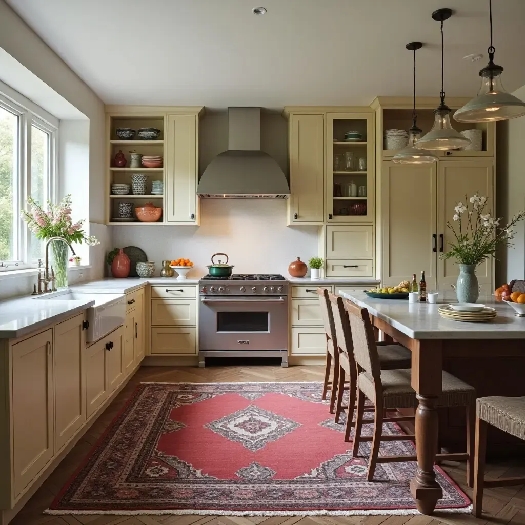 a photo of a traditional kitchen with a classic oriental rug