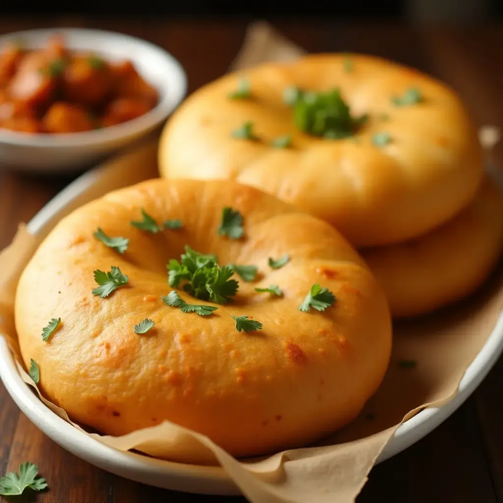 a photo of fluffy bhatura bread served with spicy chole, garnished with fresh coriander.