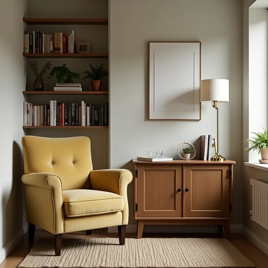 a photo of a cozy corner with a reading chair and a small bookshelf